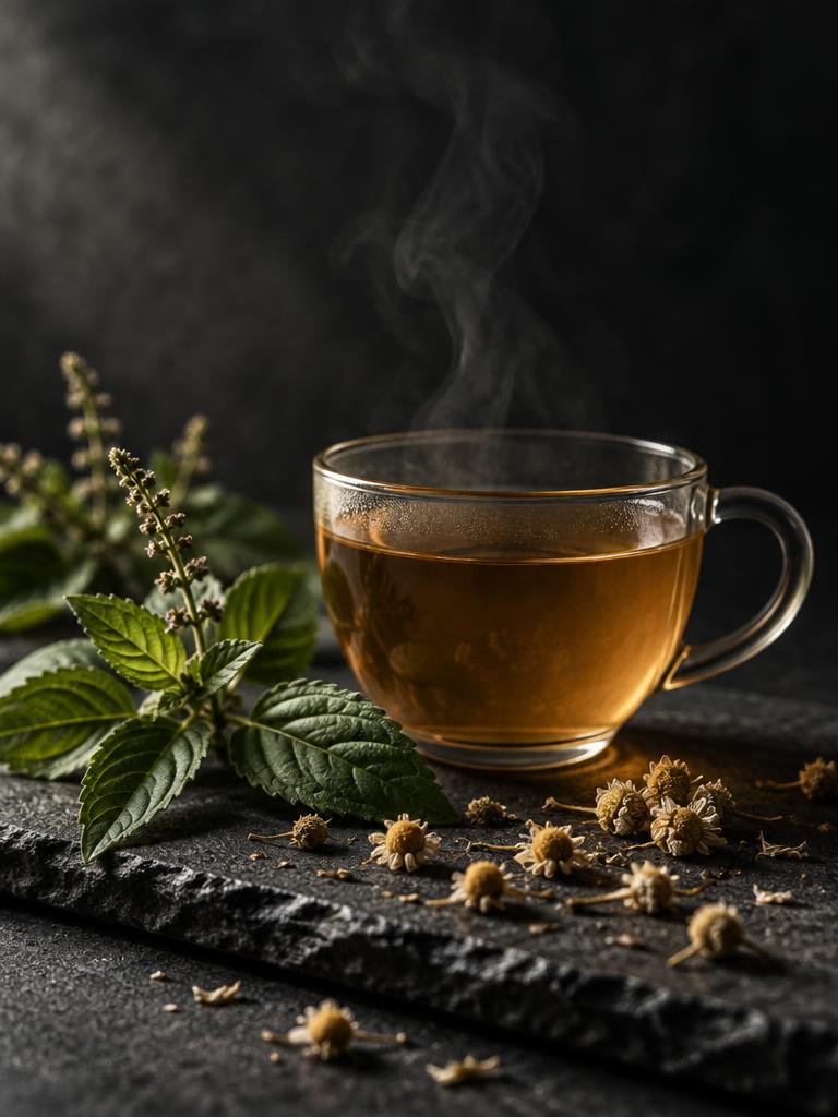 A glass cup of amber herbal infusion with tulsi leaves and chamomile flowers