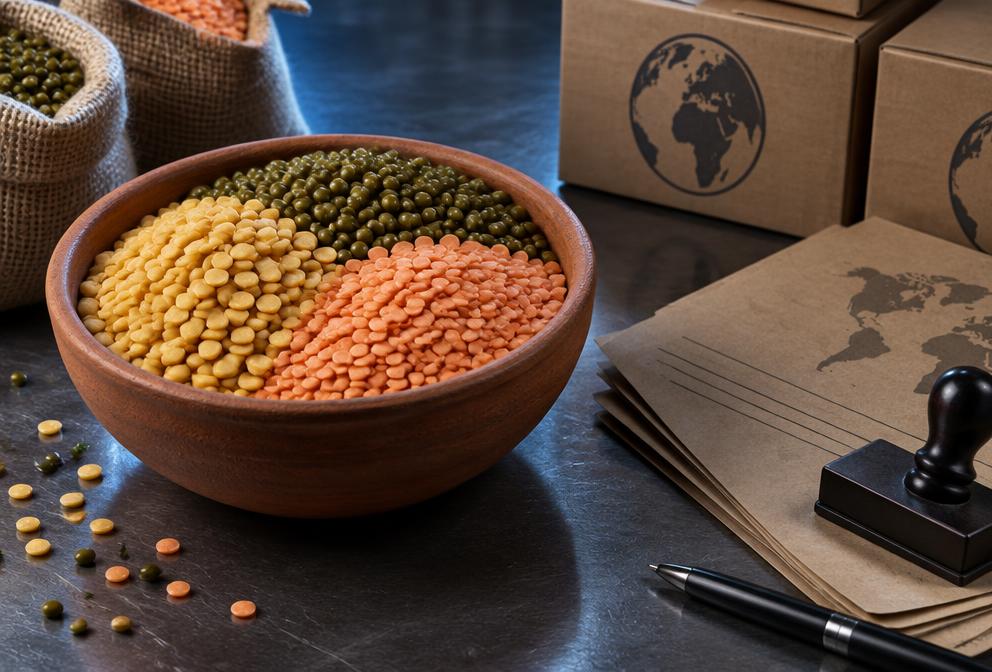 Terracotta bowls of sorted dry lentils laid out beside kraft export paperwork