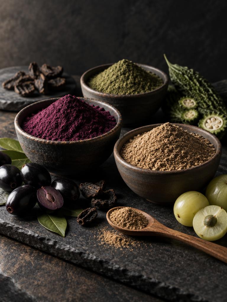 Bowls of jamun, bitter gourd and amla powders with a wooden spoon on dark slate