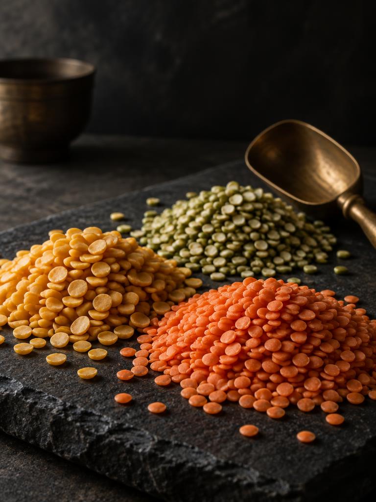Heaps of yellow toor, red masoor and green moong dal with a brass scoop on dark slate