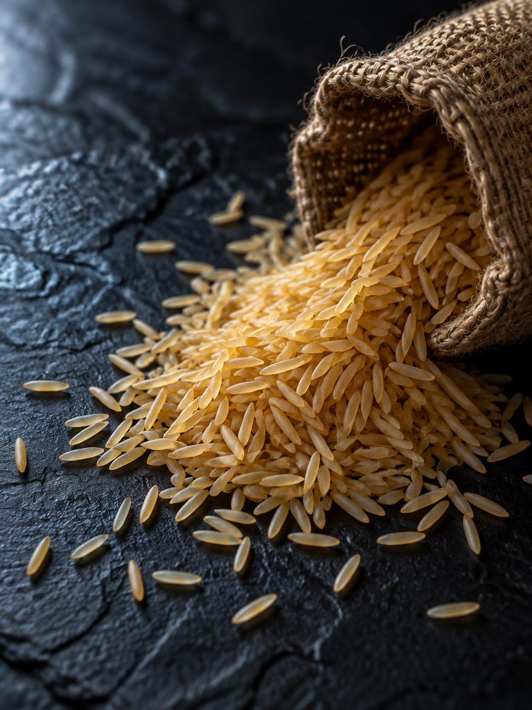 Golden basmati rice spilling from a torn burlap sack onto dark slate