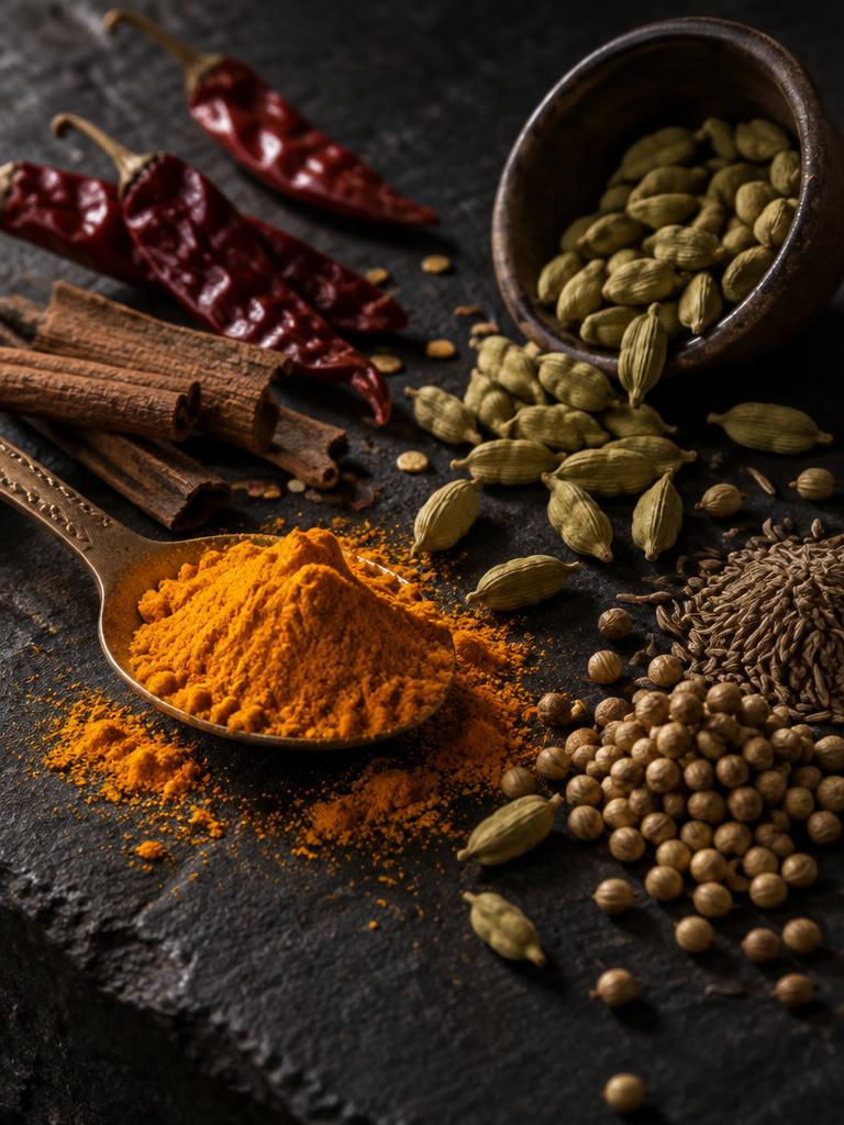 Turmeric powder, green cardamom, cinnamon bark and dried red chillies on dark slate